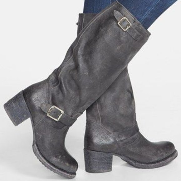 Frye Vera Slouch Grey Black Leather Block Heel Moto Knee High Tall Buckle Boot - Picture 2 of 13